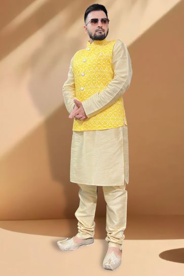 Vivacious Silk Fabric Function Wear Cream Kurta Pyjama With Yellow Color Jacket