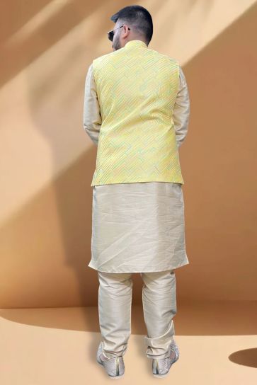 Blissful Silk Fabric Function Wear Cream Kurta Pyjama With Yellow Color Jacket