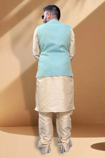 Splendiferous Silk Fabric Function Wear Cream Kurta Pyjama With Light Cyan Color Jacket