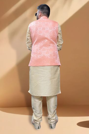 Majestic Silk Fabric Function Wear Cream Kurta Pyjama With Orange Color Jacket