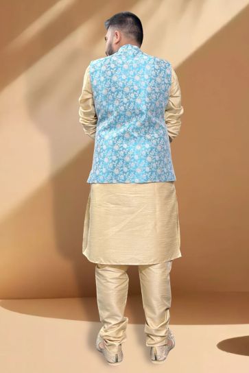 Remarkable Silk Fabric Function Wear Cream Kurta Pyjama With Sky Blue Color Jacket