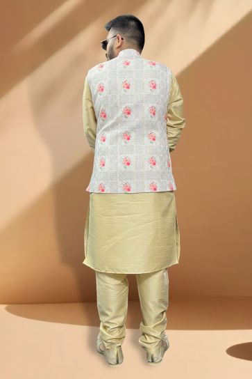 Silk Fabric Function Wear Magnificent Cream Kurta Pyjama With Off White Color Jacket