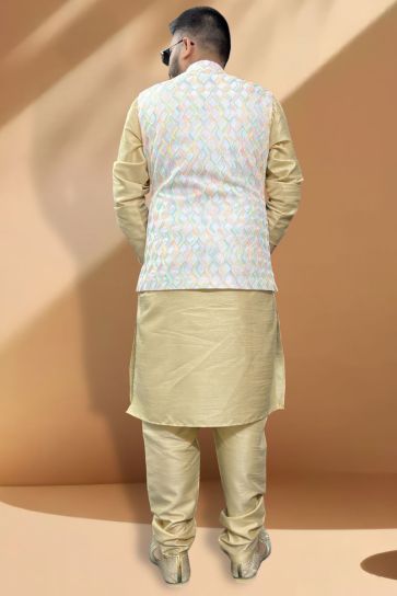 Artistic Silk Fabric Function Wear Cream Kurta Pyjama With White Color Jacket