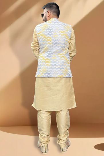 Trendy Textured Silk Fabric Function Wear Cream Kurta Pyjama With Grey Color Jacket