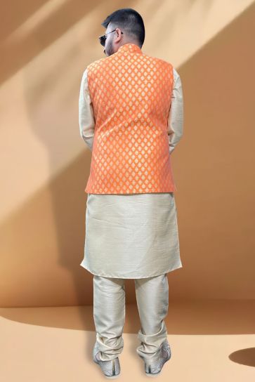 Silk Fabric Function Wear Royal Cream Kurta Pyjama With Orange Color Jacket