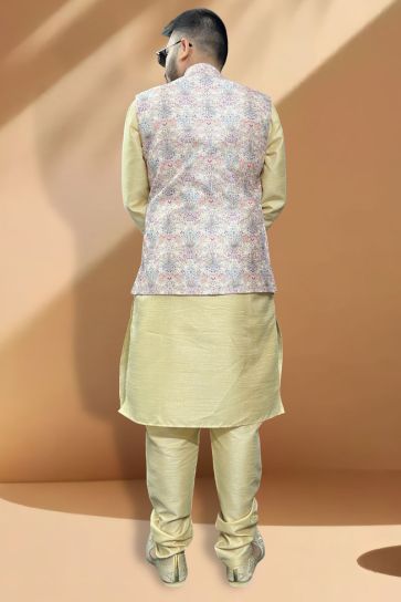 Silk Fabric Function Wear Engrossing Cream Kurta Pyjama With Multi Color Jacket