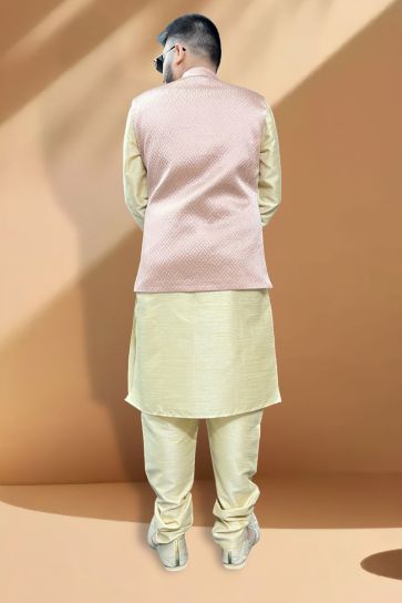 Captivating Silk Fabric Function Wear Stylish Cream Kurta Pyjama With Peach Color Jacket