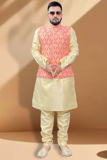 Engaging Silk Fabric Cream Kurta Pyjama With Pink Color Jacket In Function Wear