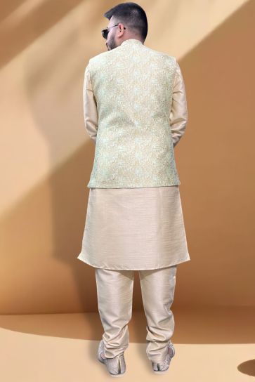 Enriching Silk Fabric Function Wear Cream Kurta Pyjama With Multi Color Jacket