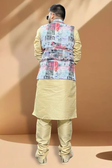 Extravagant Silk Fabric Cream Kurta Pyjama With Multi Color Jacket In Function Wear