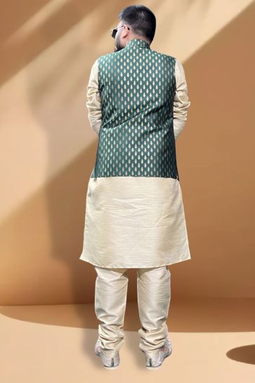 Silk Fabric Function Wear Magnificent Cream Kurta Pyjama With Green Color Jacket
