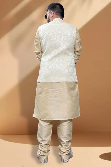 Silk Fabric Function Wear Artistic Cream Kurta Pyjama With Cream Color Jacket