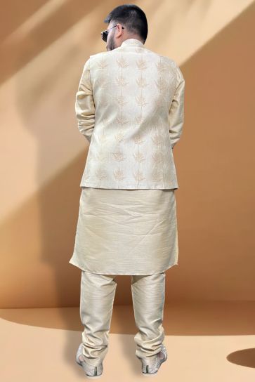 Function Wear Trendy Textured Silk Fabric Cream Kurta Pyjama With Golden Color Jacket