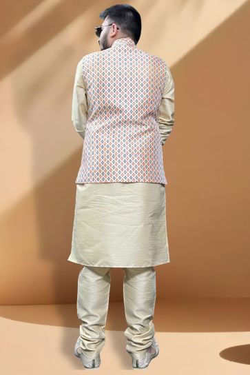Function Wear Intriguing Cream Kurta Pyjama With Cream Color Jacket In Silk Fabric