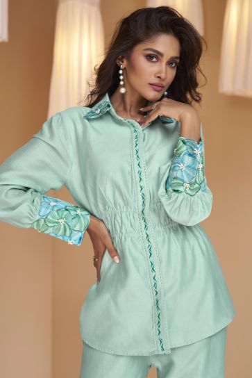Party Wear Art Silk Fabric Cyan Color Embroidered Designer Readymade Co-Ord Set