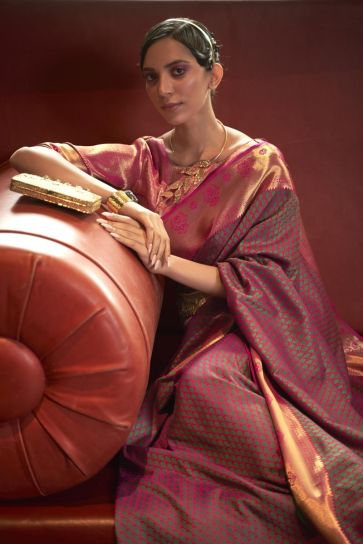 Art Silk Fabric Sparkling Peach Color Weaving Work Saree