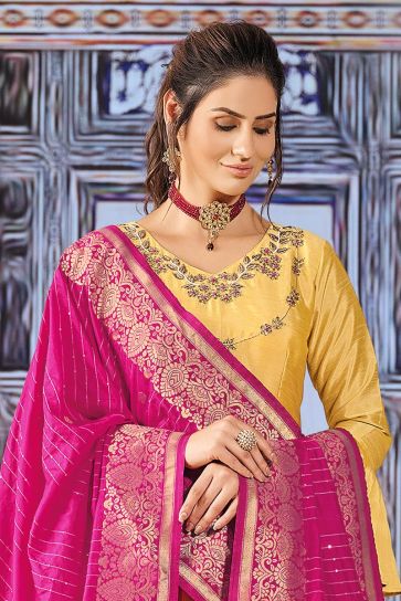 Yellow Color Art Silk Fabric Engaging Savvy Suri Anarkali Suit With Contrast Dupatta