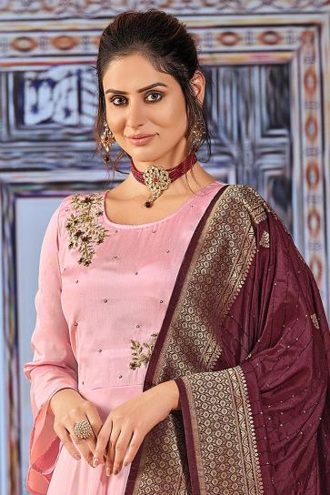 Beguiling Pink Color Art Silk Fabric Savvy Suri Anarkali Suit With Contrast Dupatta