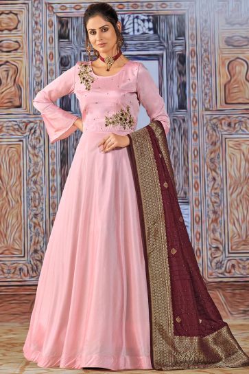 Beguiling Pink Color Art Silk Fabric Savvy Suri Anarkali Suit With Contrast Dupatta