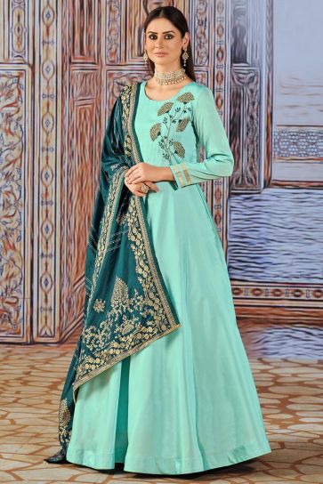 Sea Green Color Embellished Art Silk Fabric Savvy Suri Anarkali Suit With Contrast Dupatta
