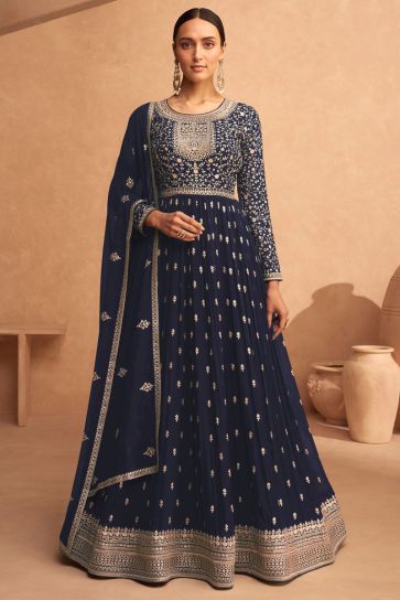 Navy Blue Color Georgette Fabric Awesome Sangeet Wear Anarkali Suit