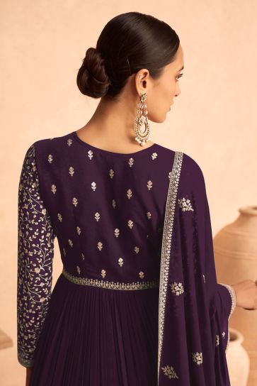 Georgette Fabric Purple Color Elegant Sangeet Wear Anarkali Suit