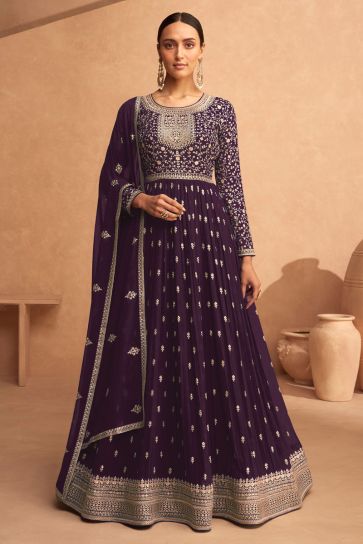 Georgette Fabric Purple Color Elegant Sangeet Wear Anarkali Suit