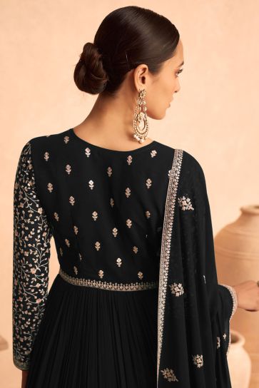 Stunning Georgette Fabric Black Color Sangeet Wear Anarkali Suit