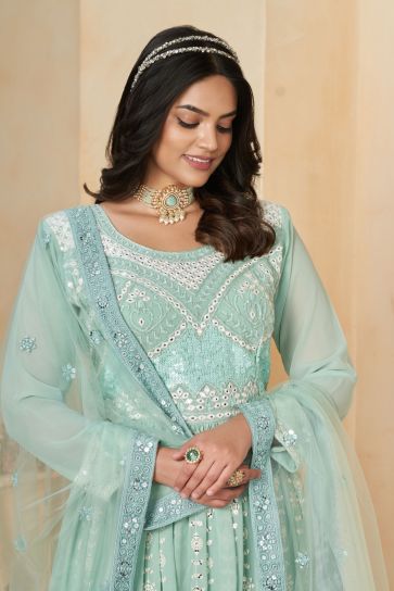 Contemporary Sea Green Color Georgette Readymade Anarkali Suit For Party