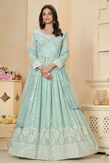 Contemporary Sea Green Color Georgette Readymade Anarkali Suit For Party