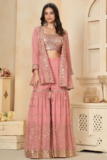 Vibrant Peach Color Georgette Sequins Designs Readymade Palazzo Suit For Party