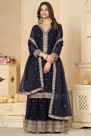 Classic Georgette Sequins Designs Navy Blue Color Readymade Palazzo Suit For Party