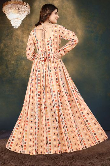 Digital Printed Cream Color Glorious Readymade Gown In Maslin Fabric