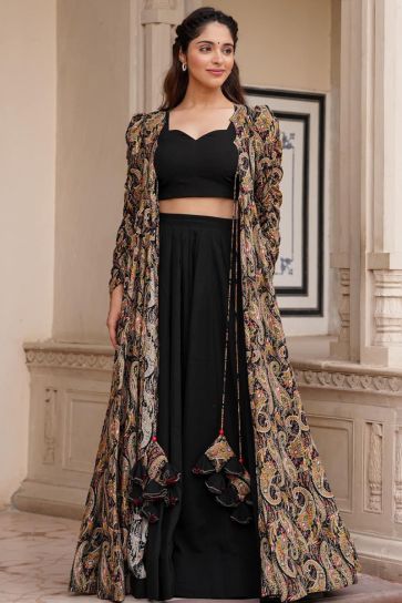 Black Color Printed 3 Piece Koti Style Readymade Indo Western Suit In Georgette Fabric 