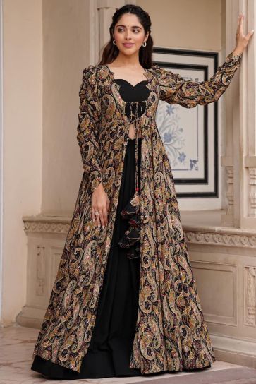 Black Color Printed 3 Piece Koti Style Readymade Indo Western Suit In Georgette Fabric 