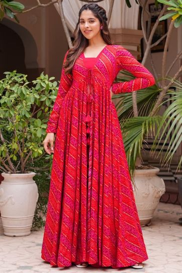 Printed 3 Piece Koti Style Readymade Indo Western Suit In Georgette Fabric Rani Color