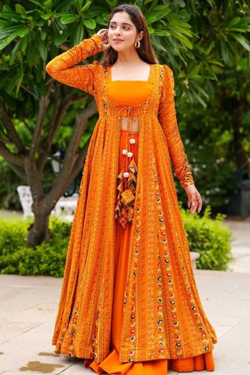 Printed Orange Color 3 Piece Koti Style Readymade Indo Western Suit In Georgette Fabric