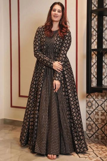Attractive Muslin Fabric Black Color Festive Wear Readymade Gown