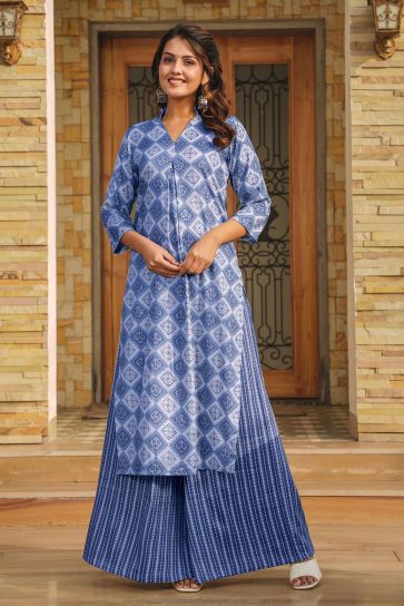 Blue Color Enthralling Digital Printed Work Kurti Readymade With Bottom In Rayon Fabric