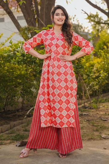 Marvellous Rayon Fabric Digital Printed Kurti Readymade With Bottom In Red Color