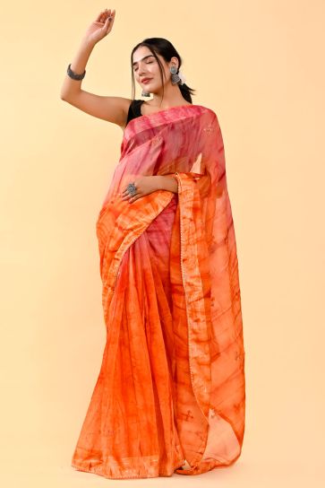 Embellished Casual Cotton Saree In Pink And Orange Color