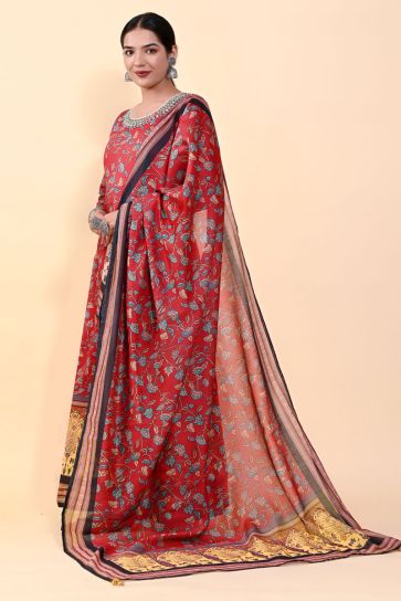 Art Silk Red Color kalamkari Printed Stunning Readymade Gown With Dupatta
