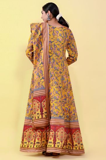 Art Silk kalamkari Printed Bewitching Yellow Color Readymade Gown With Dupatta