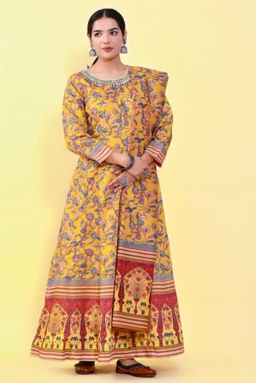 Art Silk kalamkari Printed Bewitching Yellow Color Readymade Gown With Dupatta