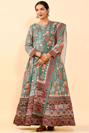 Sea Green Color Art Silk Appealing kalamkari Printed Readymade Gown With Dupatta
