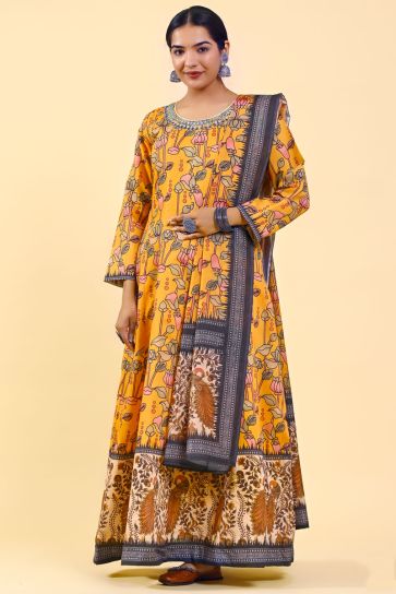 Mustard Color kalamkari Printed Vintage Art Silk Readymade Gown With Dupatta