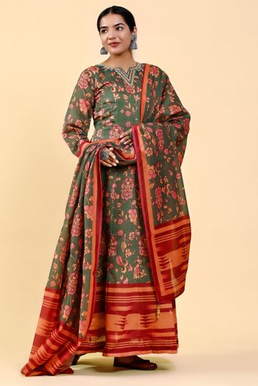 kalamkari Printed Olive Color Wonderful Art Silk Readymade Gown With Dupatta