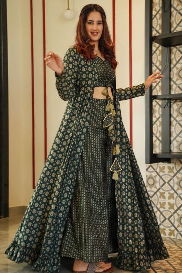 Green Color Muslin Fabric 3 Piece Koti Style Readymade Indo Western Suit