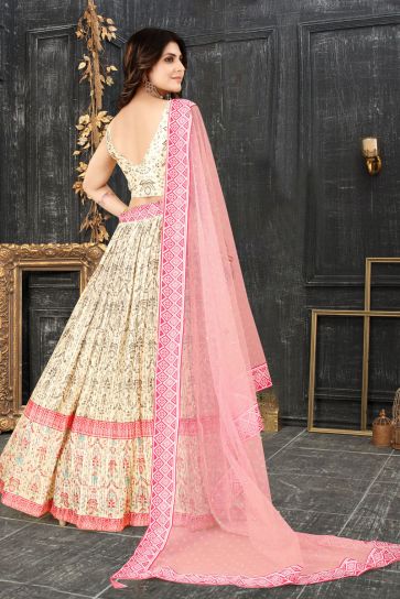 Chinon Fabric Cream Color Delight Digital Printed And Crushed Work Lehenga