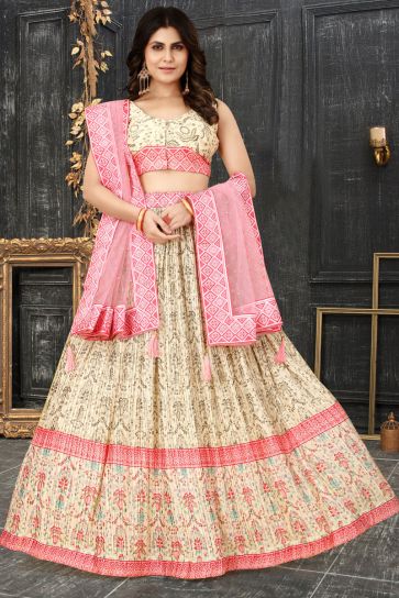 Chinon Fabric Cream Color Delight Digital Printed And Crushed Work Lehenga